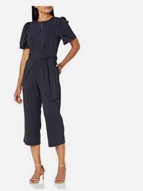 LARK & RO Black Short Puff Sleeve Belted Cropped Leg Essential Staple Jumpsuit